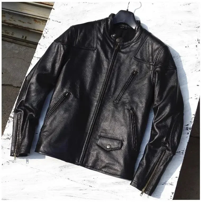 LNY Shop Best.Outlet black men natural leather jacket.popular classic cool cowhide coat.slim short motor biker cloth