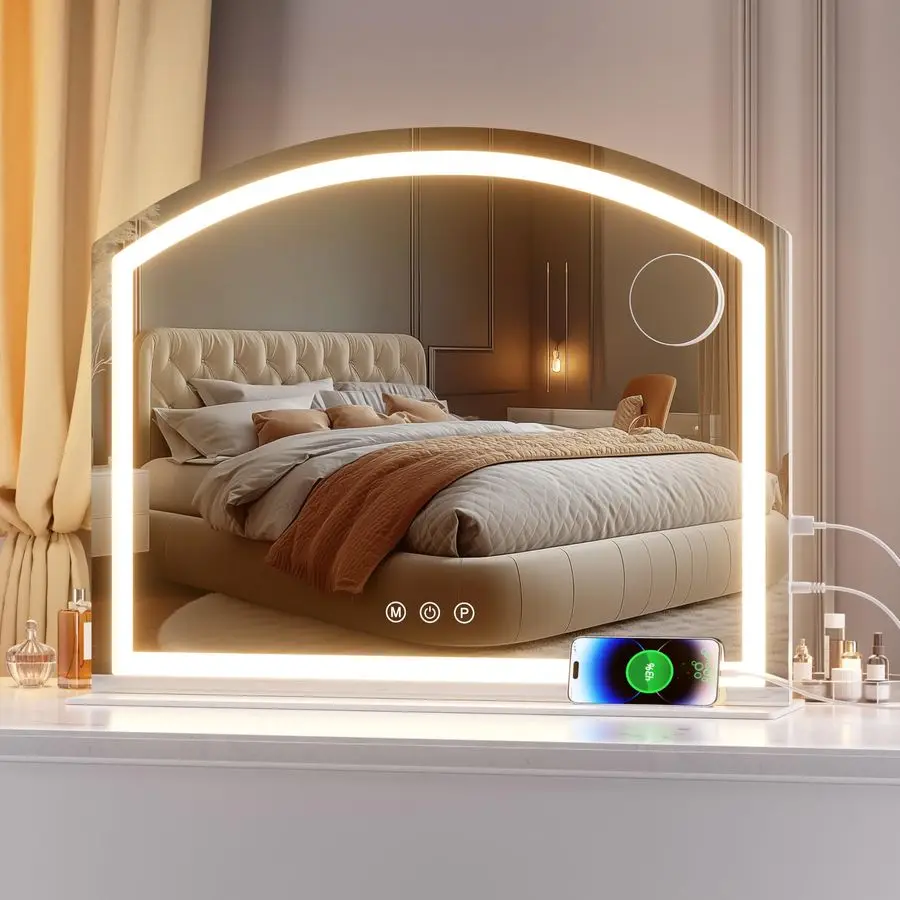 مرآة مكياج مقوسة مع ضوء، مرآة مكياج Led مقوسة 28 × 22 مع تكبير 10 مرات، مرايا مكتب على سطح الطاولة مع شاشة شحن USB #1
