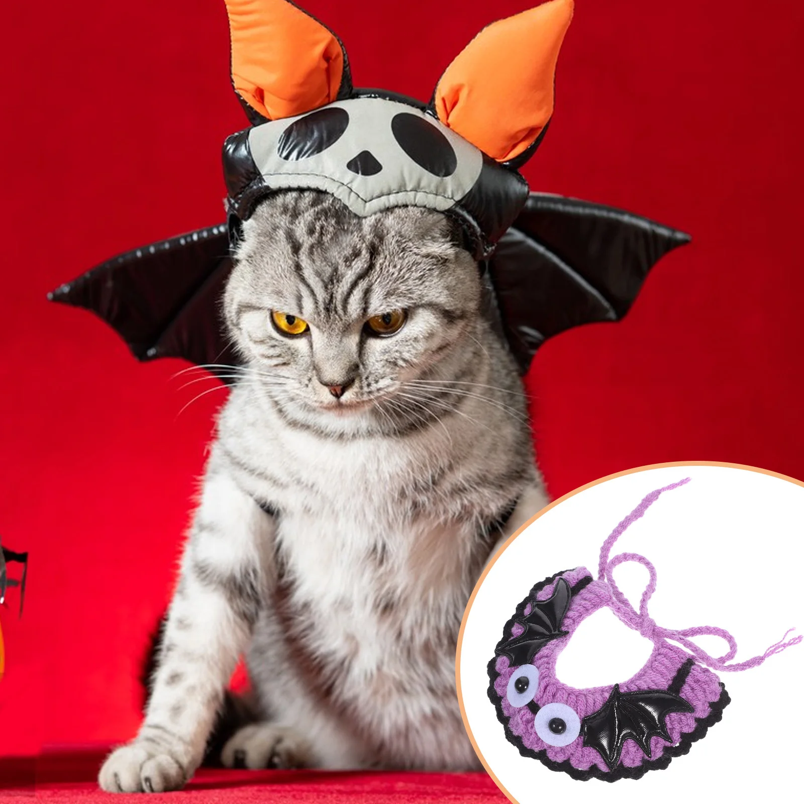 

Pet Cat Collar Halloween: Knitted Bat Pattern Adjustable Bib For 9-14Cm Neck Festival Kitten Costume Woolen Dog Collar