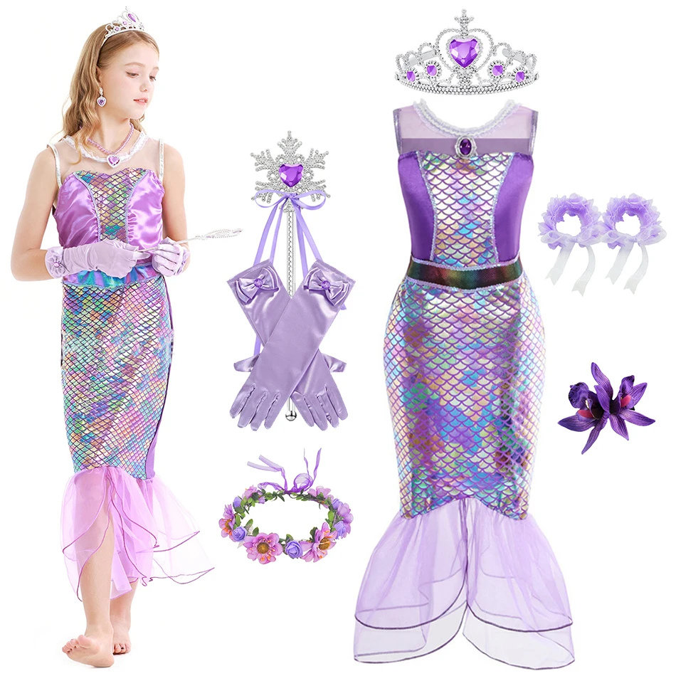 Mermaid Sequin Mesh Gown Girls Cosplay Princess Dress Kids Ariel Birthday Halloween Event Party Sleeveless Elegant Costume