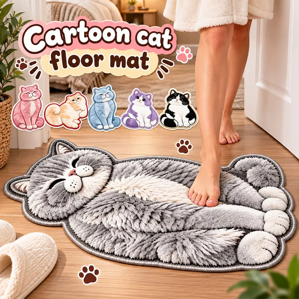 Cute Crystal Velvet Cat-Shaped Area Rug 2D Non-Slip Entryway Floor Mat Soft Washable Bathroom Carpet Home Decor
