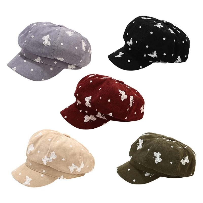 Cappello da Baseball ottagonale in velluto Vintage stile britannico da donna per berretto con visiera da pittore con ricamo a farfalla