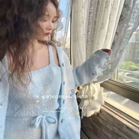 Autumn and Winter Soft Thick Half Fleece Bow Grid Sleepwear Three Piece Set With Strap Opener Pajama Fashion Homewear Woman Warm