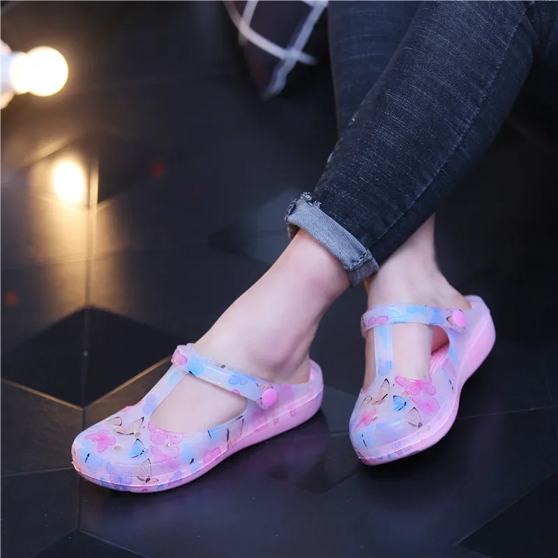 Butterfly Printing Summer Beach Hollow Shoes Women\'s Sandals Flat Jelly Shoes Wrap Toe Slippers Non-slip Women\'s Slippers