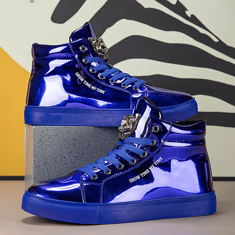Europe New Shoes For Men Patent Leather Casual Shoes High Tops Flat Skateboard Shoes Street Trend Sneakers