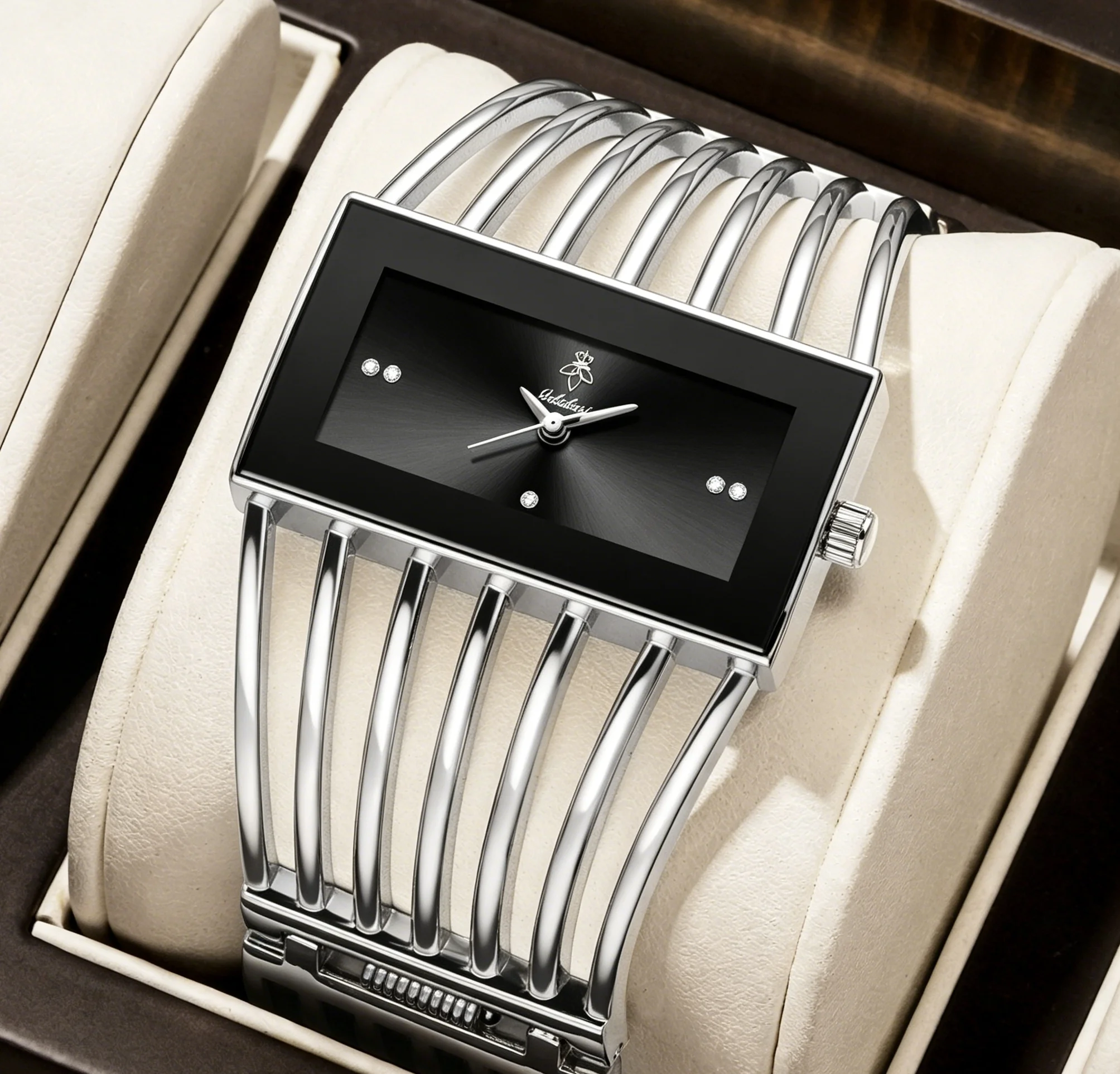 Unique Hollow Bangle Women Watch Rectangular Black Dial Crystal Dot Scale Wide Silver Bracelet Waterproof Ladies Quartz Watch Luxury Gift Box For Birthday Valentine Mothers Day