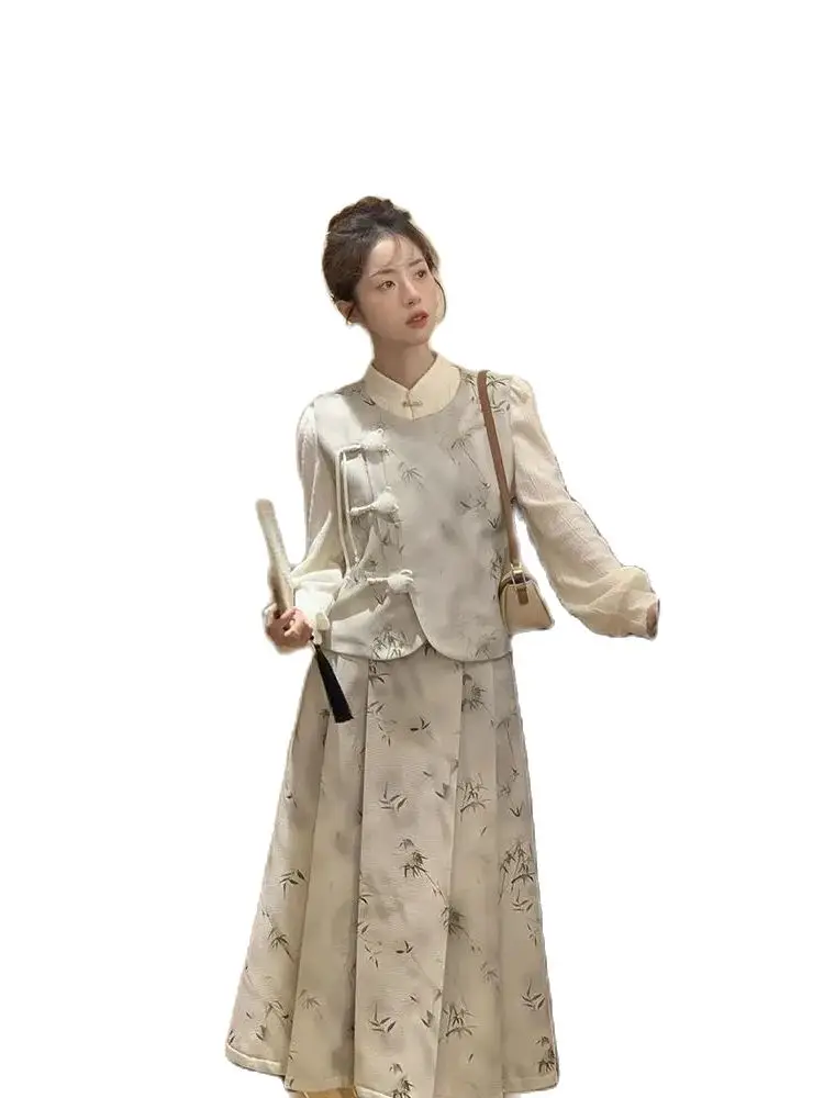 Korean 3 Pieces Sets For Women Vintage Long Sleeves Shirts With Printing A-line Skirt Female Elegant Clothing 2024 New