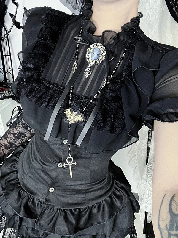 Gothic Style Casual Black Lace Short Sleeves Single-breasted Shirt Set Japanese Hot Girl Y2K Subculture Puffy Short Skirt Female