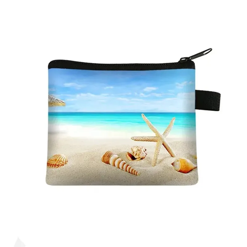 Ocean Beach Coin Purse Ladies Leisure Shopping Coin Bag Starfish Conch 3D Printing Wallet ID Credit Card Bag Girl Coin Case Bag