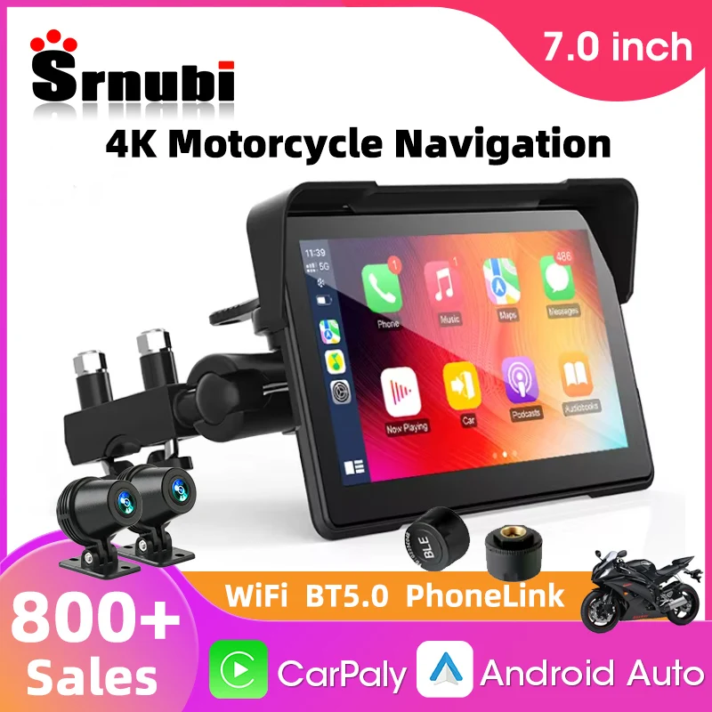 

5/7'' Motorcycle 4K+1080P DVR Portable Navigation GPS Wireless Carplay Android Auto Motobike Screen TPMS Remote Control Optional