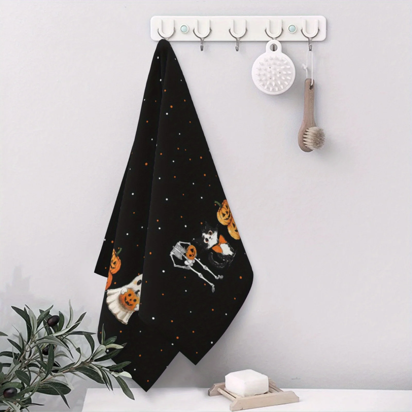 2Pcs Halloween Kitchen Towels, Washable Household Cleaning Cloths, Ghost Pumpkin Skeleton Cat Dish Towels, Halloween Decor, Hall