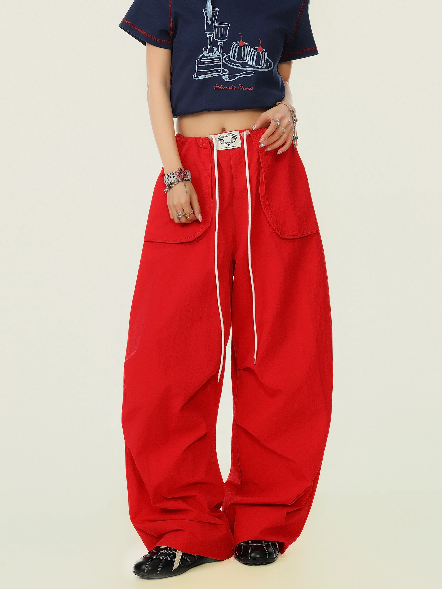 

Женские брюки в американском стиле для парашютистов, свободные, повседневные, с эффектом похудения, на шнурке, плиссированные, с широкими штанинами