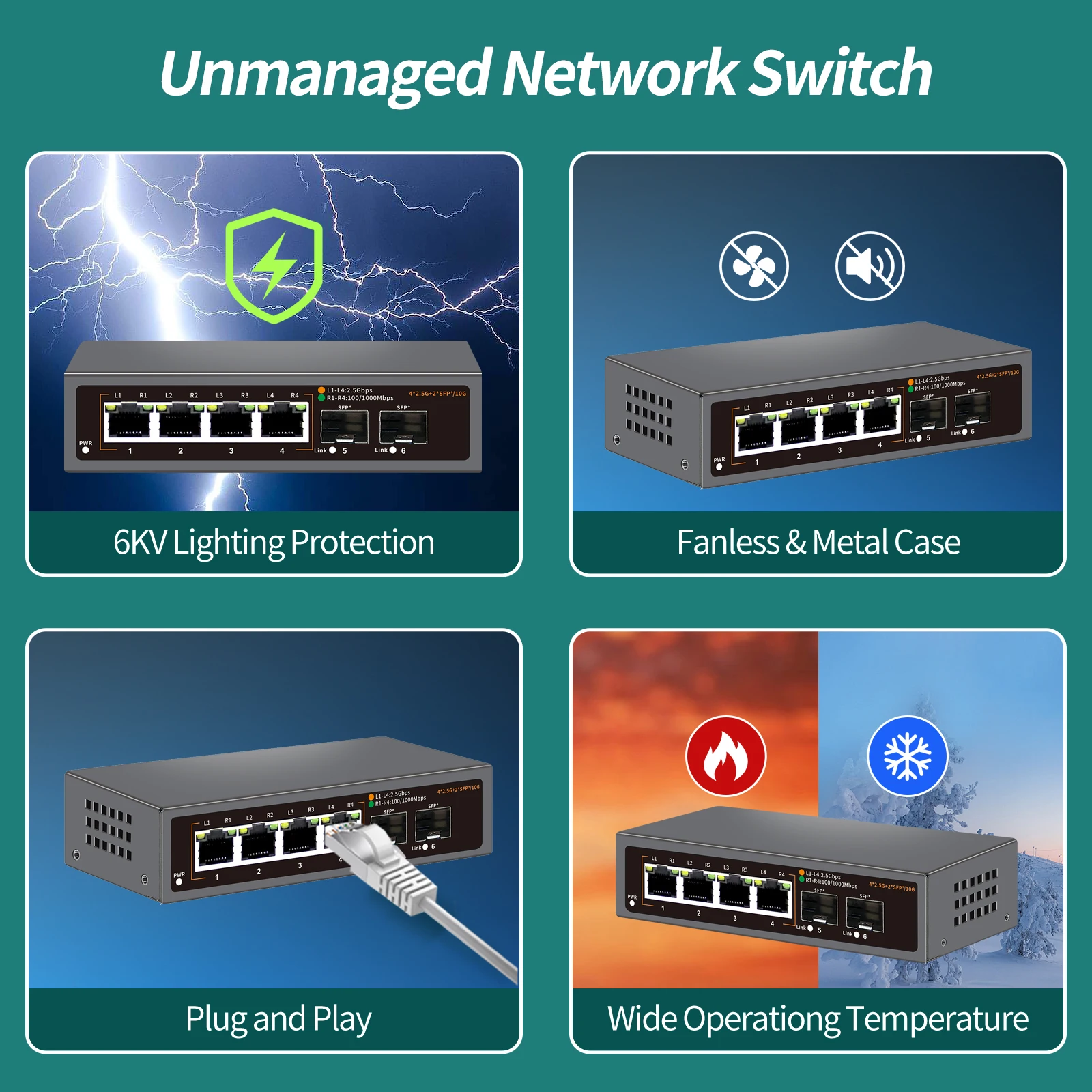 สวิตช์6พอร์ต2.5g ไม่มีการจัดการ4*2.5g + 2*10G SFP + Uplink พอร์ตโลหะไม่มีพัดลมเข้ากันได้กับเครือข่าย2.5Gbe 100/1000/2500Mbps