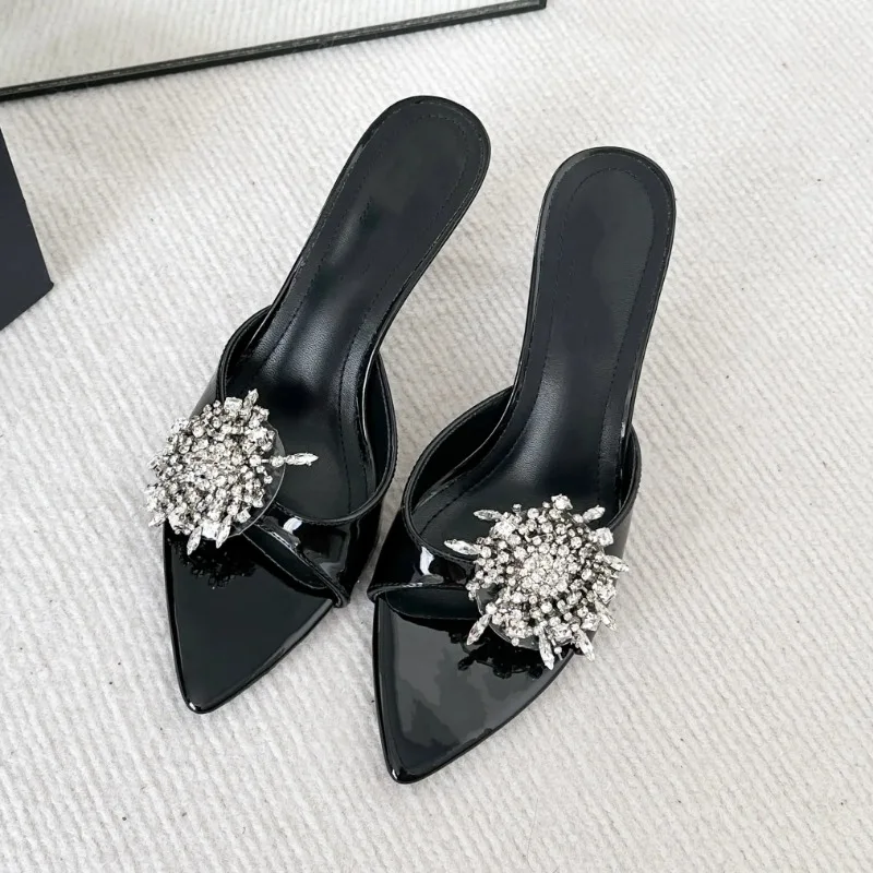 New Summer Women's High-heeled Sandals with Rhinestone Flowers Pointed Open Toe Versatile High-heeled Sandals Mules