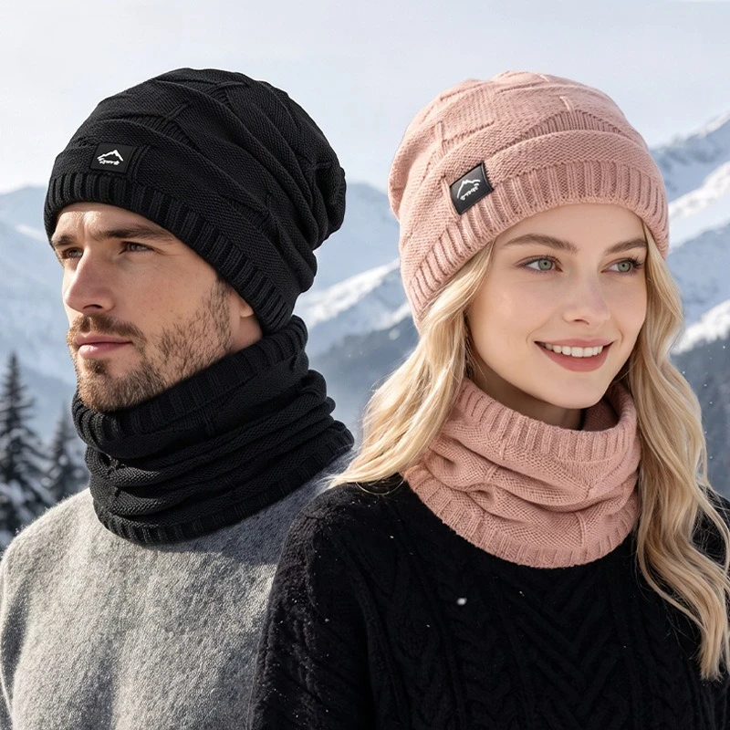 Men Women Winter Fleece Lined Beanie & Neck Warmer 2 Piece Set, Warm Knitted Hat Scarf Combo for Outdoor Daily Cold Weather Wear