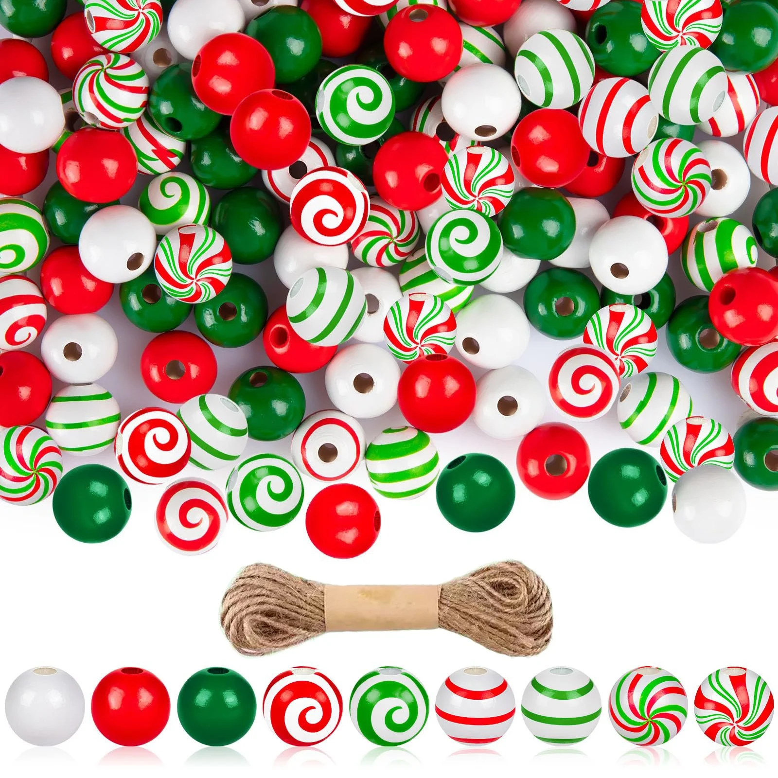 60Pcs Christmas Wooden Beads Candy Cane Wood Beads Xmas Lollipop Candy Swirl Beads 16mm Round Stripes Craft Bead for DIY Jewelry