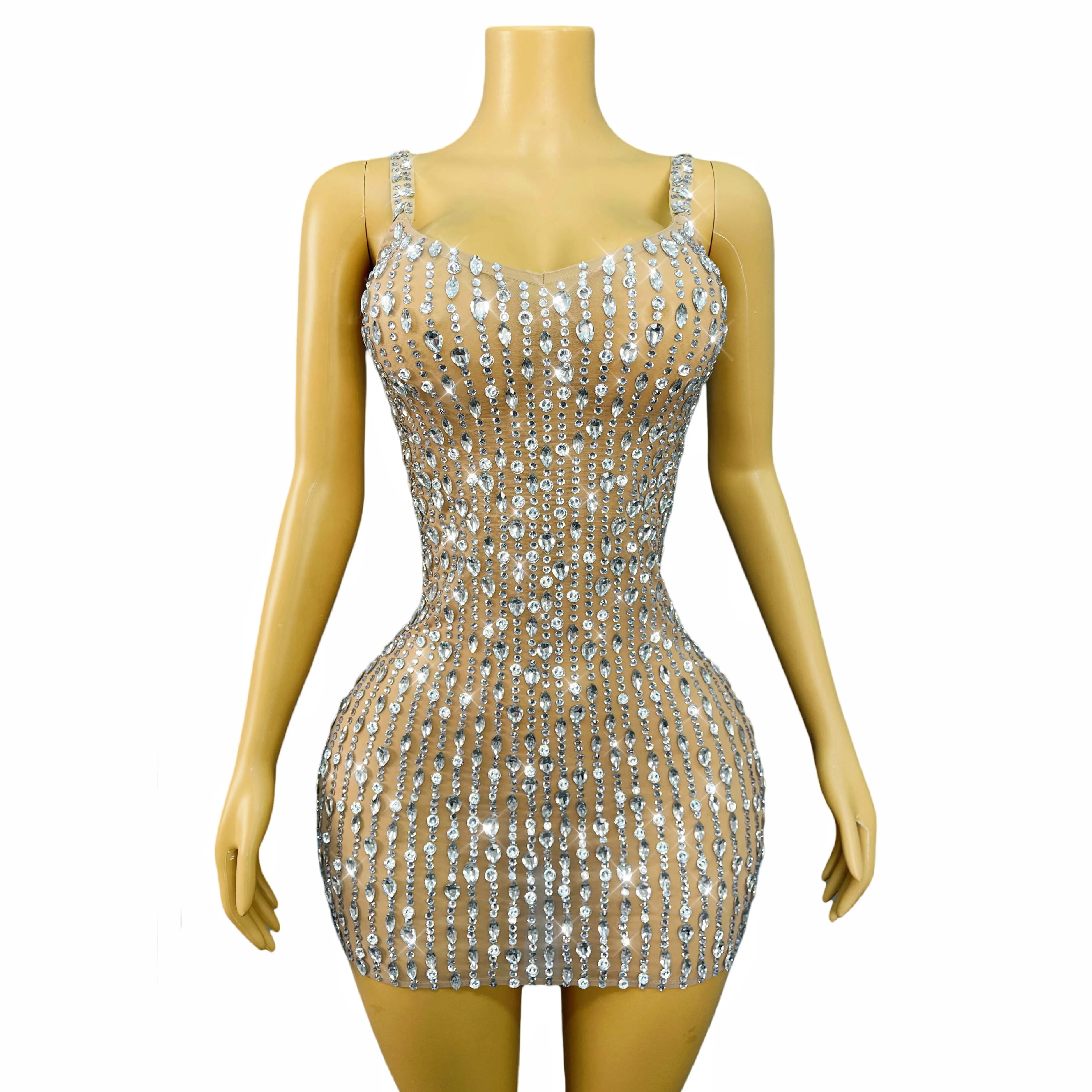

Sparkly Silver Rhinestones Sexy Nude Mesh Suspenders Trim fit Dress Birthday Celebrate OutfitEvening Cocktail party Gown Shuizhu