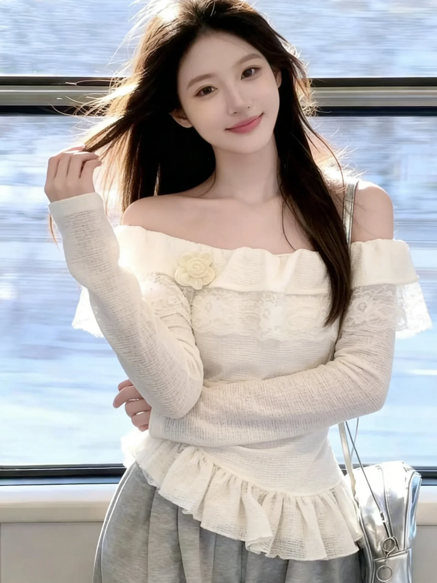 

Ruffle Shoulder Lace Splice Slim Fit Long Sleeve Shirt Women's Spring New Style Irregular Inner Wear Casual Fashion Top