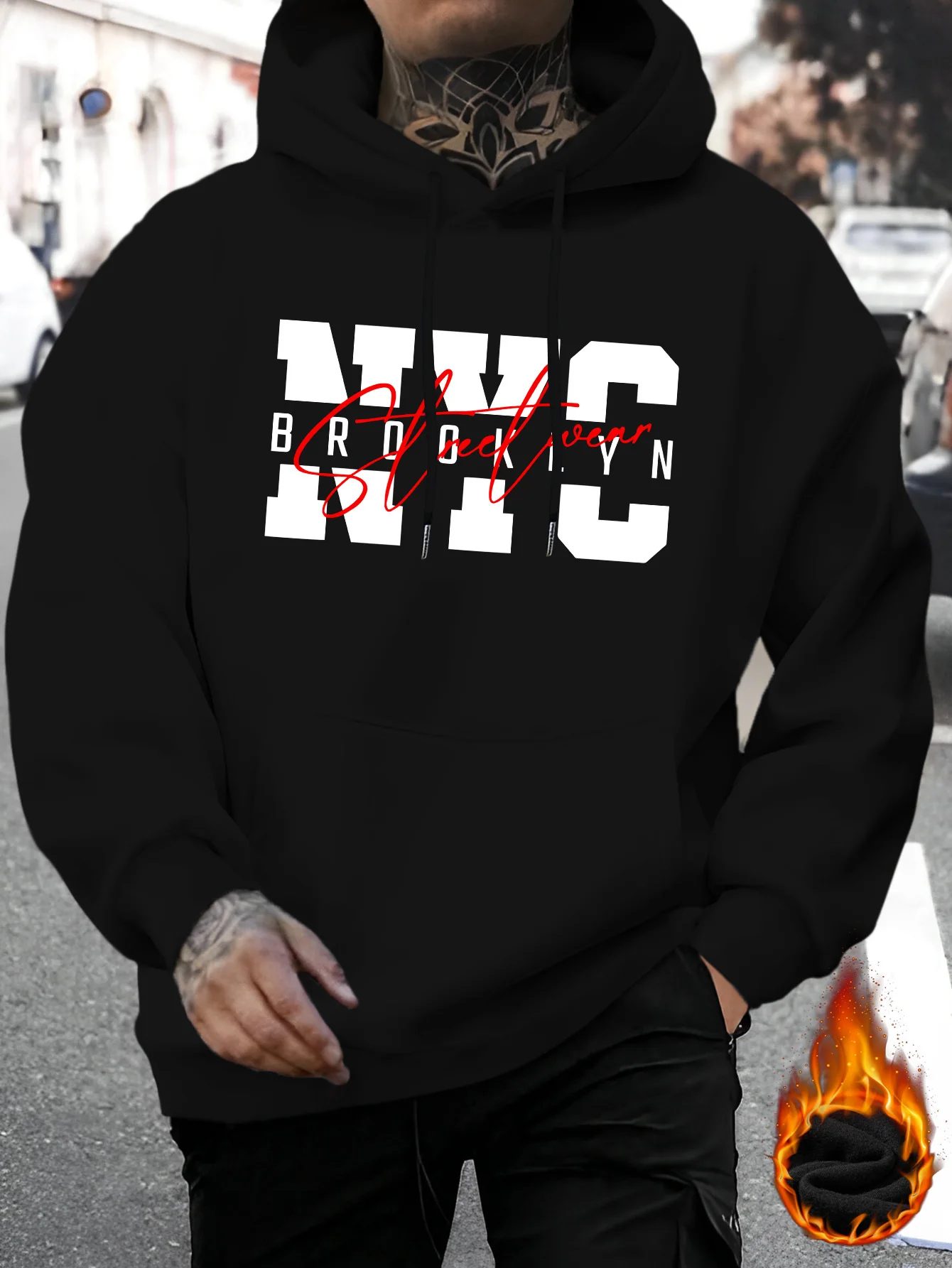 Vintage NYC Brooklyn Script Print Hoodie For Men Thick Fleece Warm Hooded Sweatshirt Urban Street Hip Hop  Sports sweatshirt