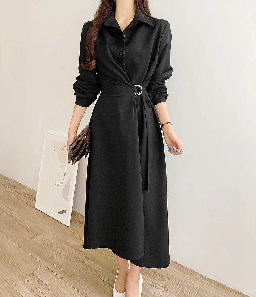 Coigarsam Women Dress 2024 New Fashion Office Lady Korea Style Long Sleeve Black Khaki Dresses