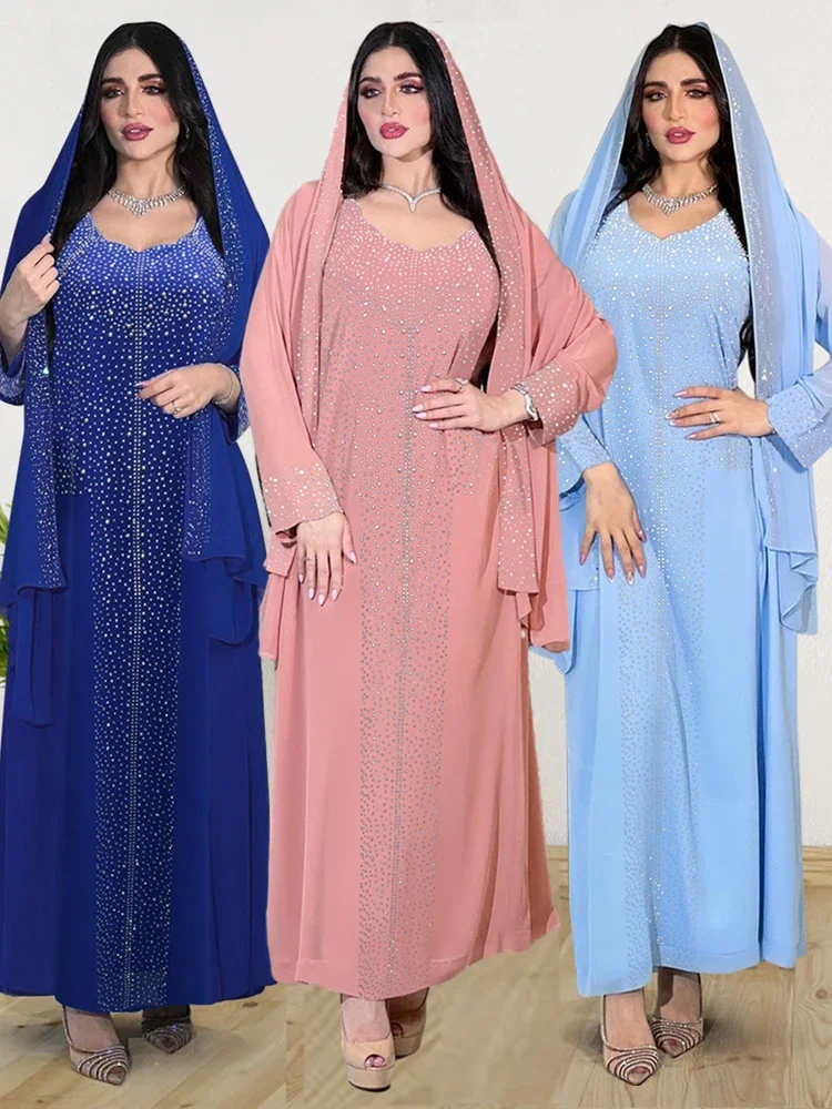 Saudi Arabic Two Piece Set Hijab & Party Dress for Women Muslim Abaya Diamond Scarf Dresses Vestidos Mujer Kaftan Abayas Robe