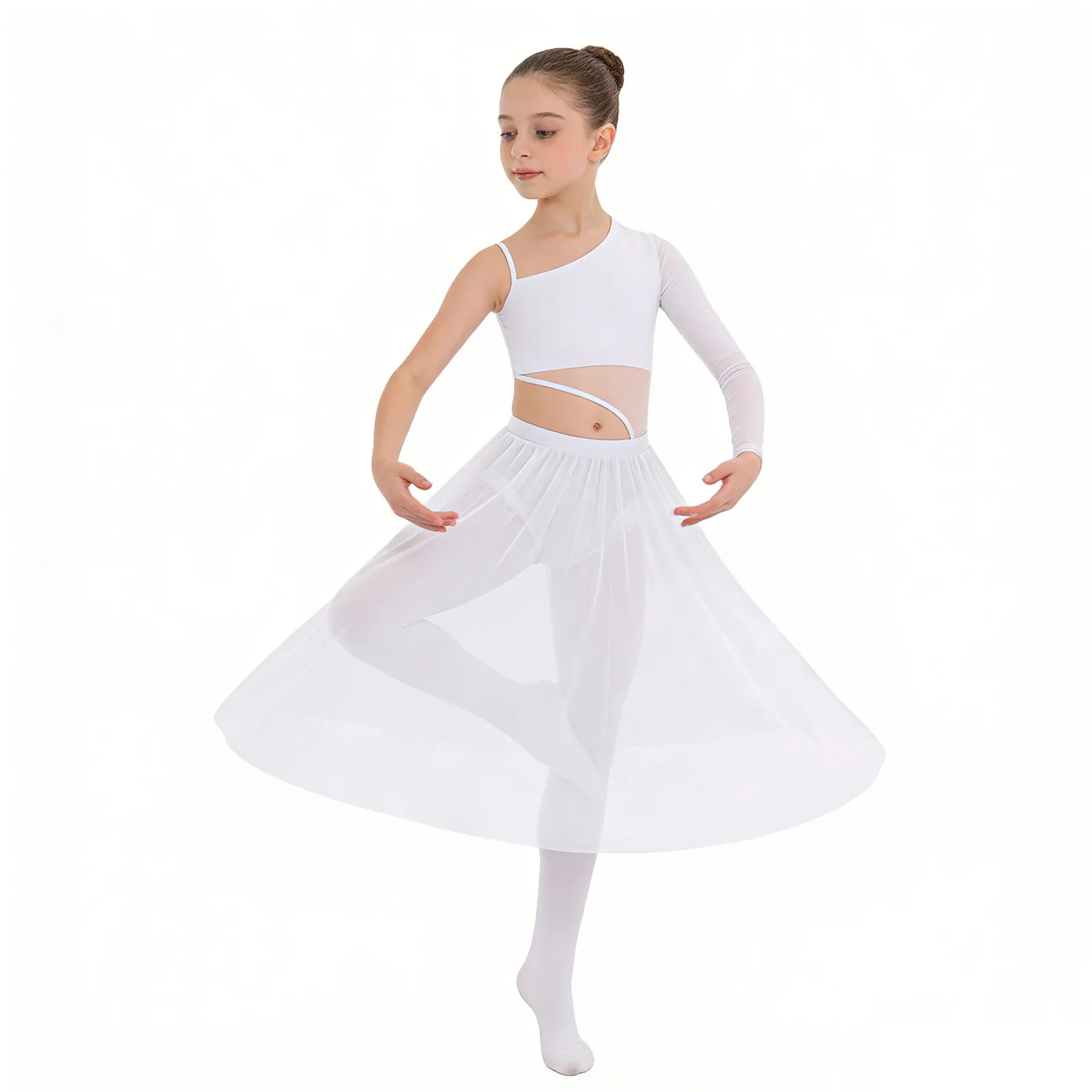 Kids Girls Modern Ballet Lyrical Contemporary Dance Performance Costume Round Neck Cutout Sides Split Sheer Mesh Dress Dancewear image 2