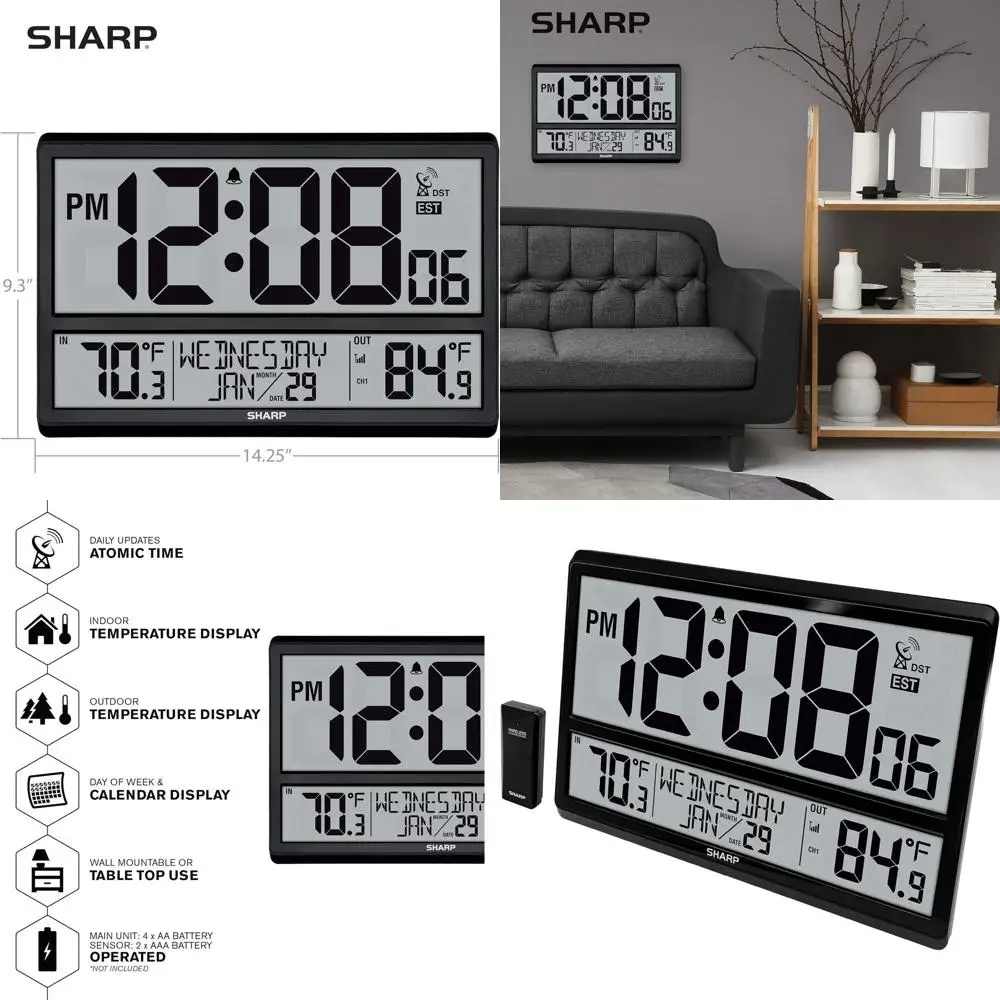 

Саморегулируемые атомные часы с большим 4-дисплеем, двумя датчиками температуры и беспроводной настройкой