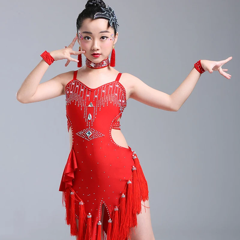 Glands paillettes filles salle de bal danse latine vêtements enfants Salsa compétitions Costumes filles patinage artistique robe Rave vêtements