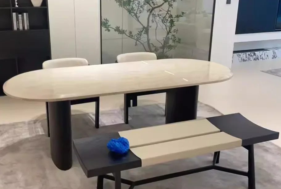 

Обеденный стол из цельного дерева в стиле ретро, мраморный, художественный ваби-ветер, домашняя вилла, овальный обеденный стол