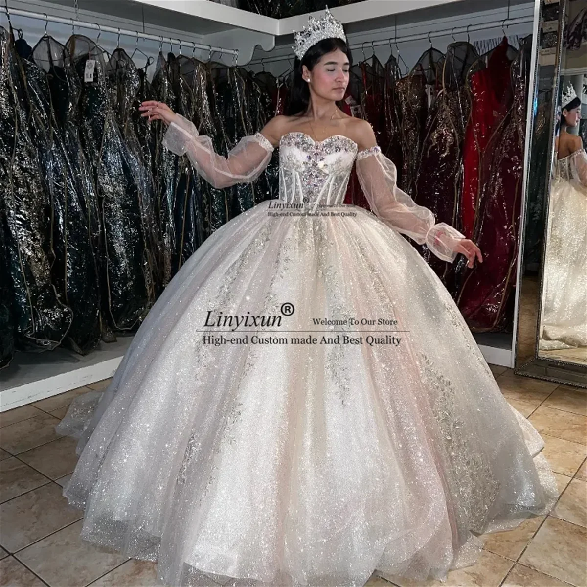 Vestido De quinceañera De princesa champán, apliques sin hombros, perlas, cuentas De cristales, México dulce 16, 15 Años