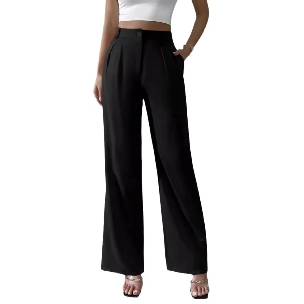 

Ele Pure Color High Waist Wide Leg Pants Straight Cut Suit Trousers Long Women's Faionable Dra Casual Pants