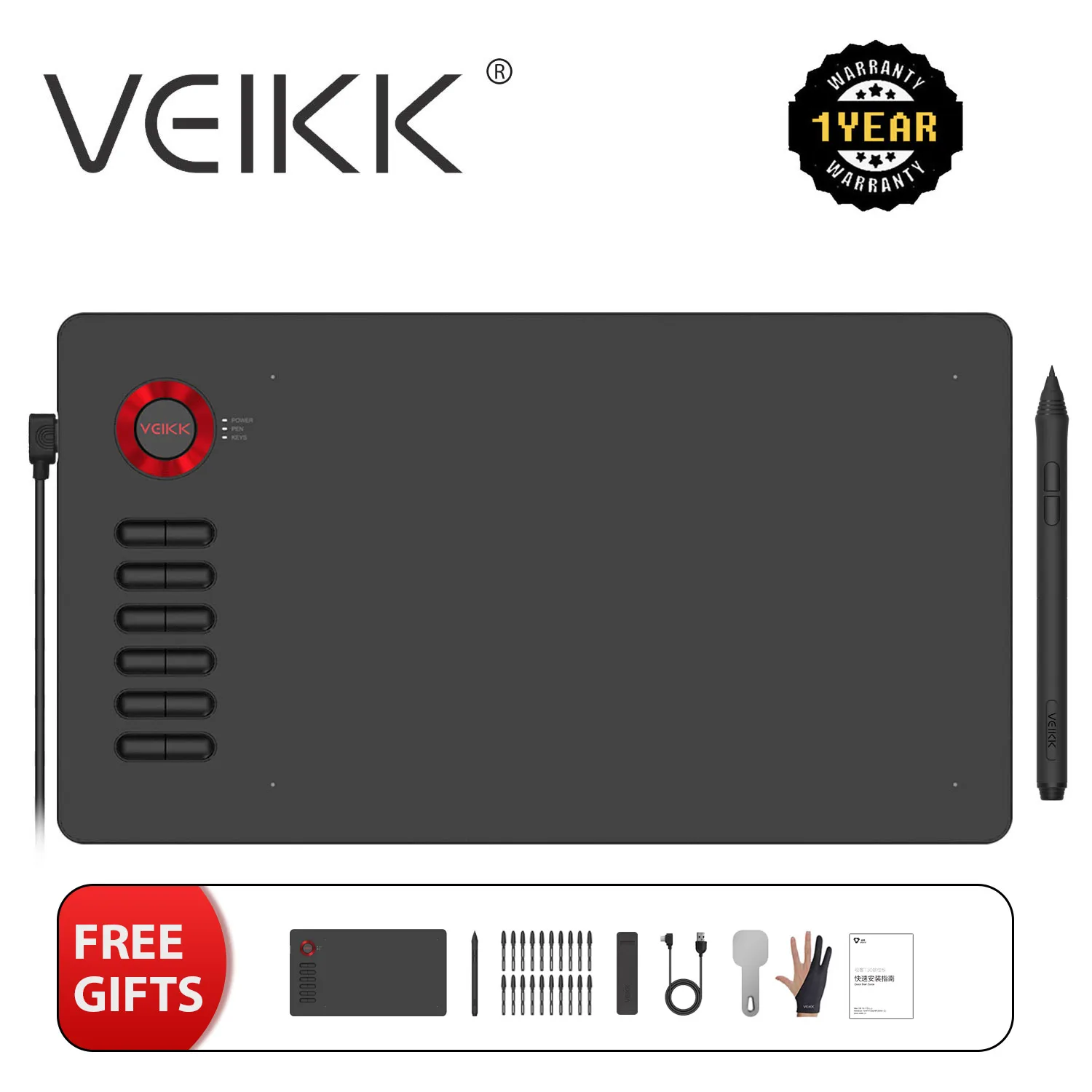 VEIKK A15 Graphics Tablet  10x6 inch Digital Drawing Tablet  Stylus Without Battery 8192 Levels 12 shortcut keys(Red Blue Gray)