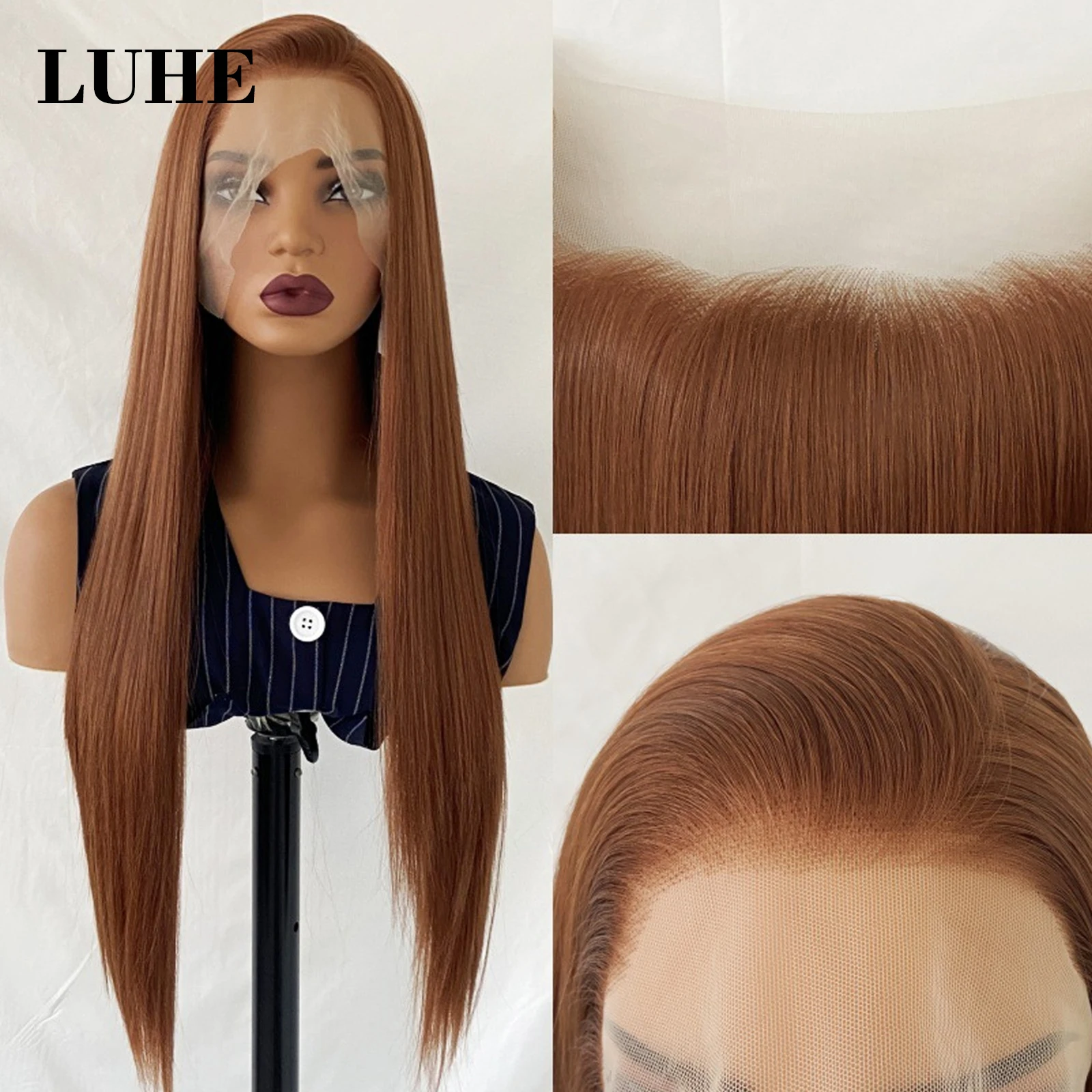 Reddish Brown Colored 13x3 Synthetic Hair Lace Front Wigs for Black Women Cosplay Party 26 Inch Long Straight Lace Frontal Wigs