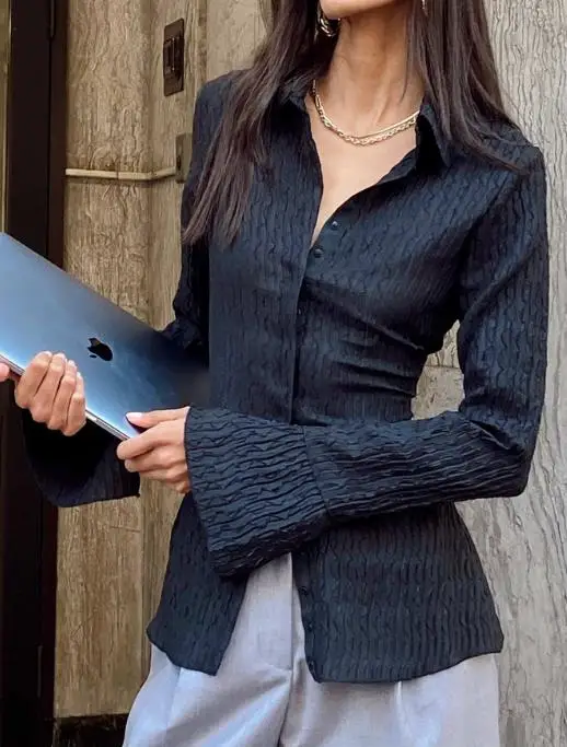 

Women's Clothing 2025 Autumn Winter Leisure Vacation Solid Color Long Sleeved Button Down Shirt Retro Striped Printed Shirt