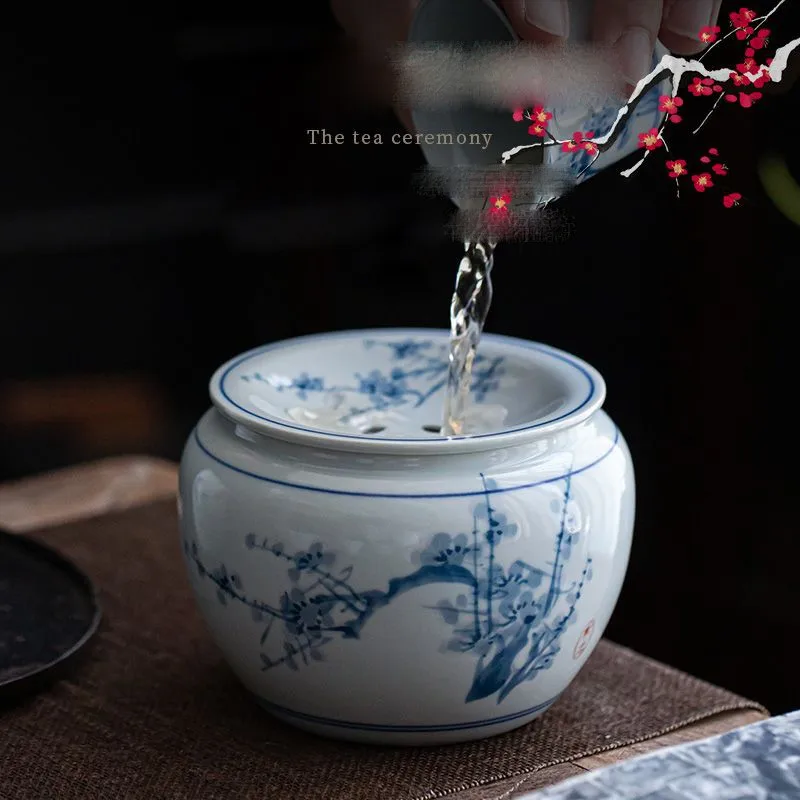 

Ancient Hand-painted Blue and White Ceramics Household Water Construction Tea Washing Basin Tea Residue Tank Tea Bucket ZI376