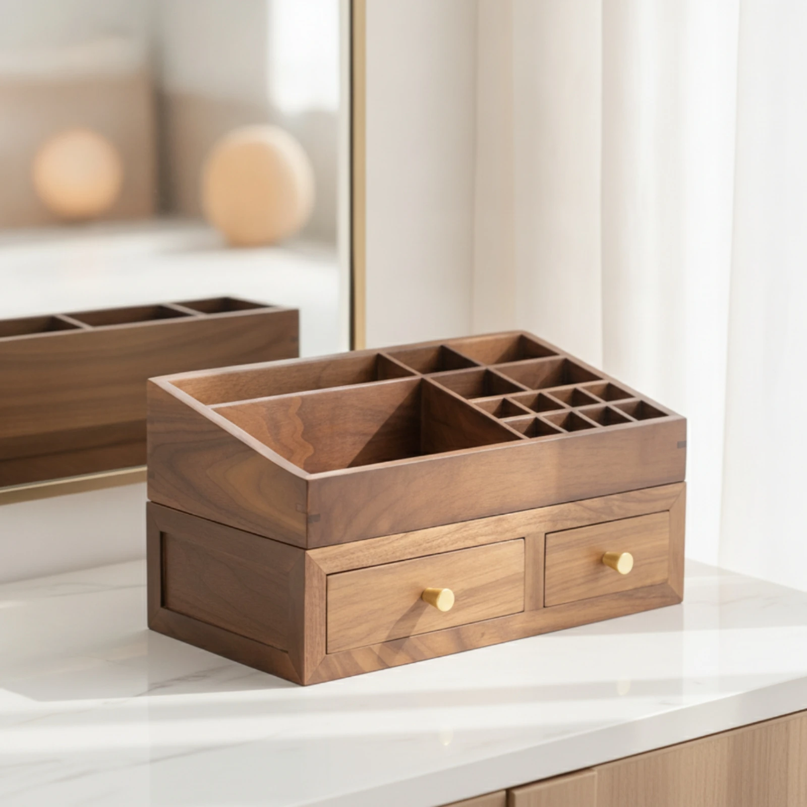Makeup Organizer with Drawers Compact Wooden Drawer Cabinet Desktop Organizer Space-Saving Cosmetic Storage Box Small-Item