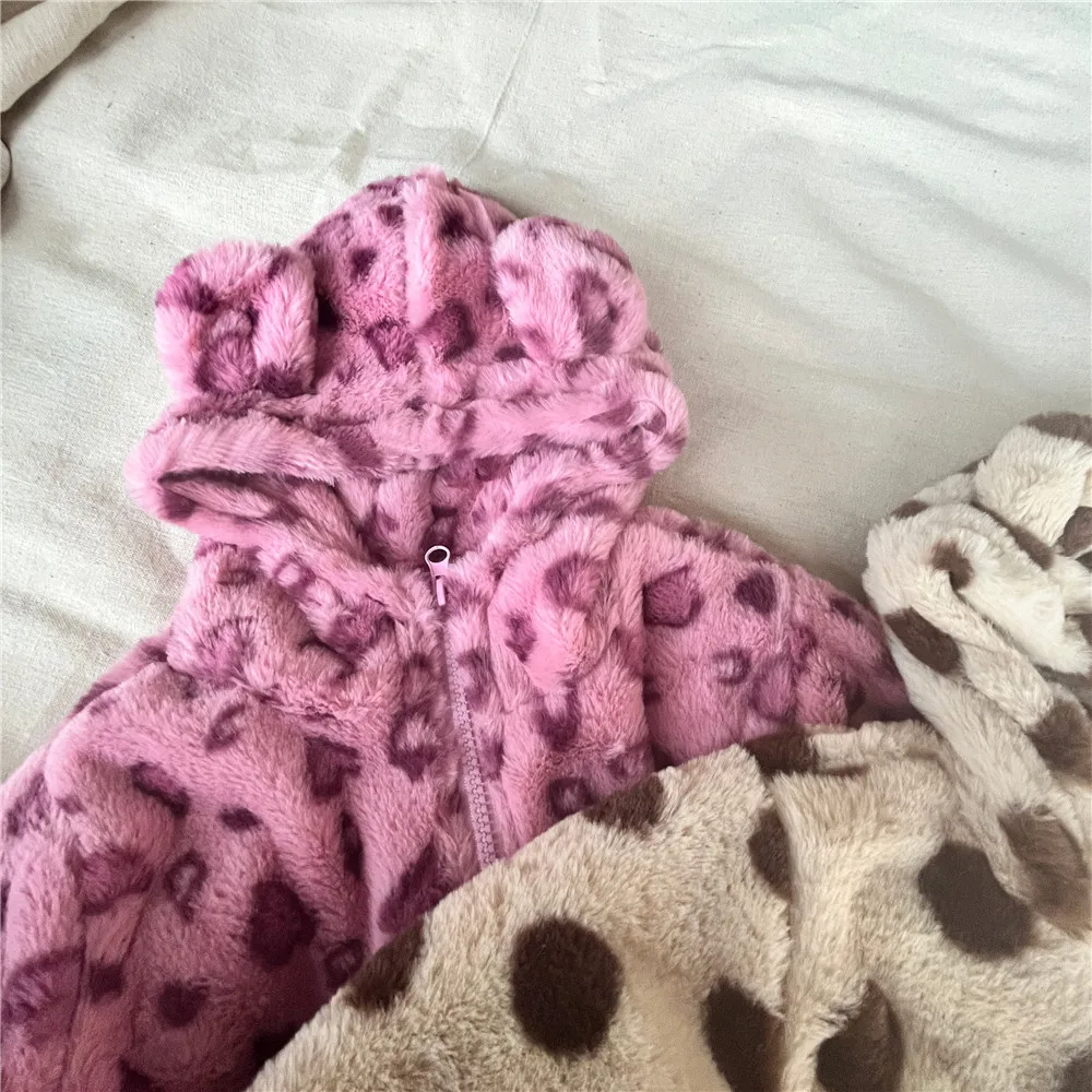 Winter Children\'s Coat Hooded Autumn Korean Kids Clothing Pink Leopard Print And Coffee Dot Coat For Boys And Girls Cardigan