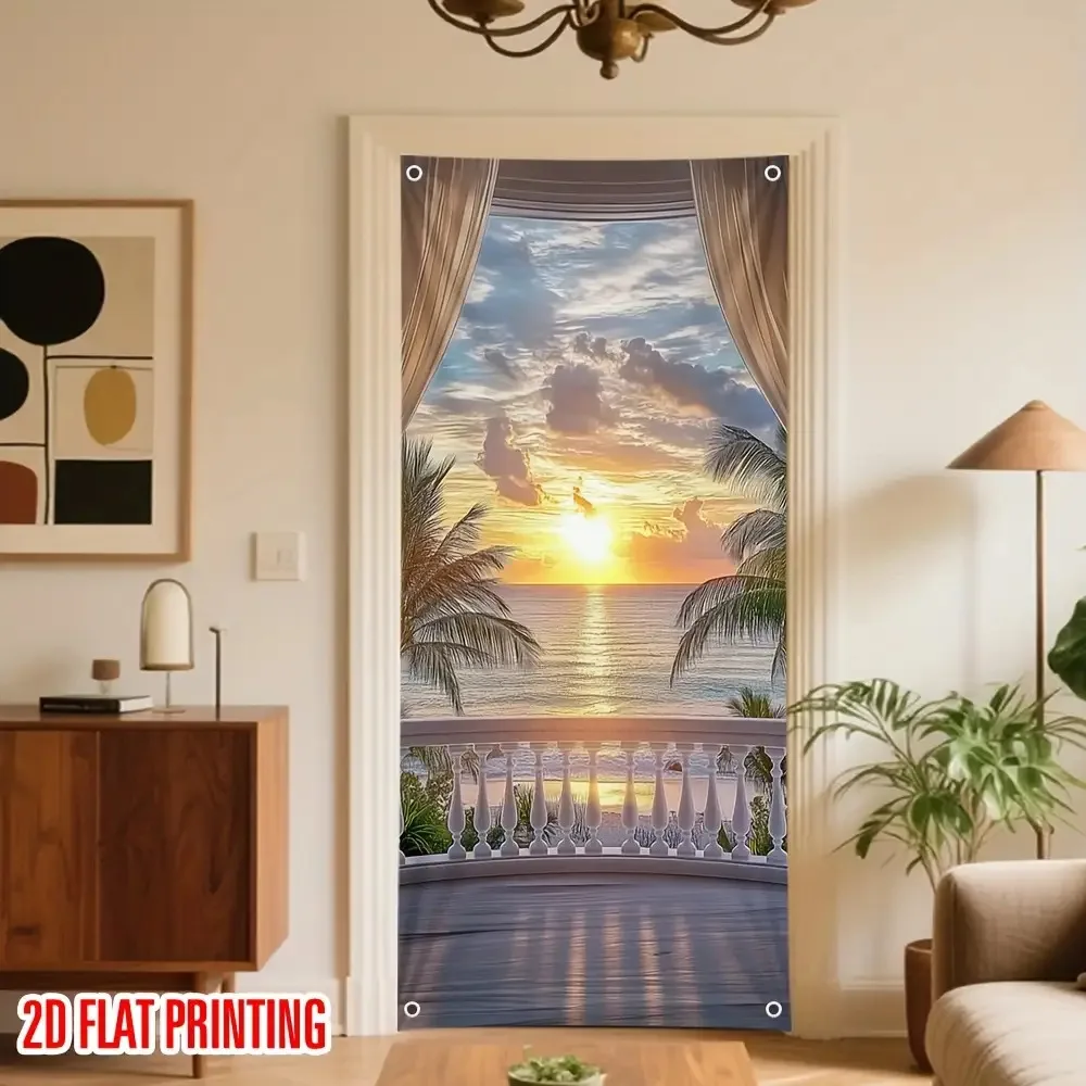 2D planar door curtain featuring sunset sea view - Printed party banner, with tropical beach scene, palm trees and sea view view 3
