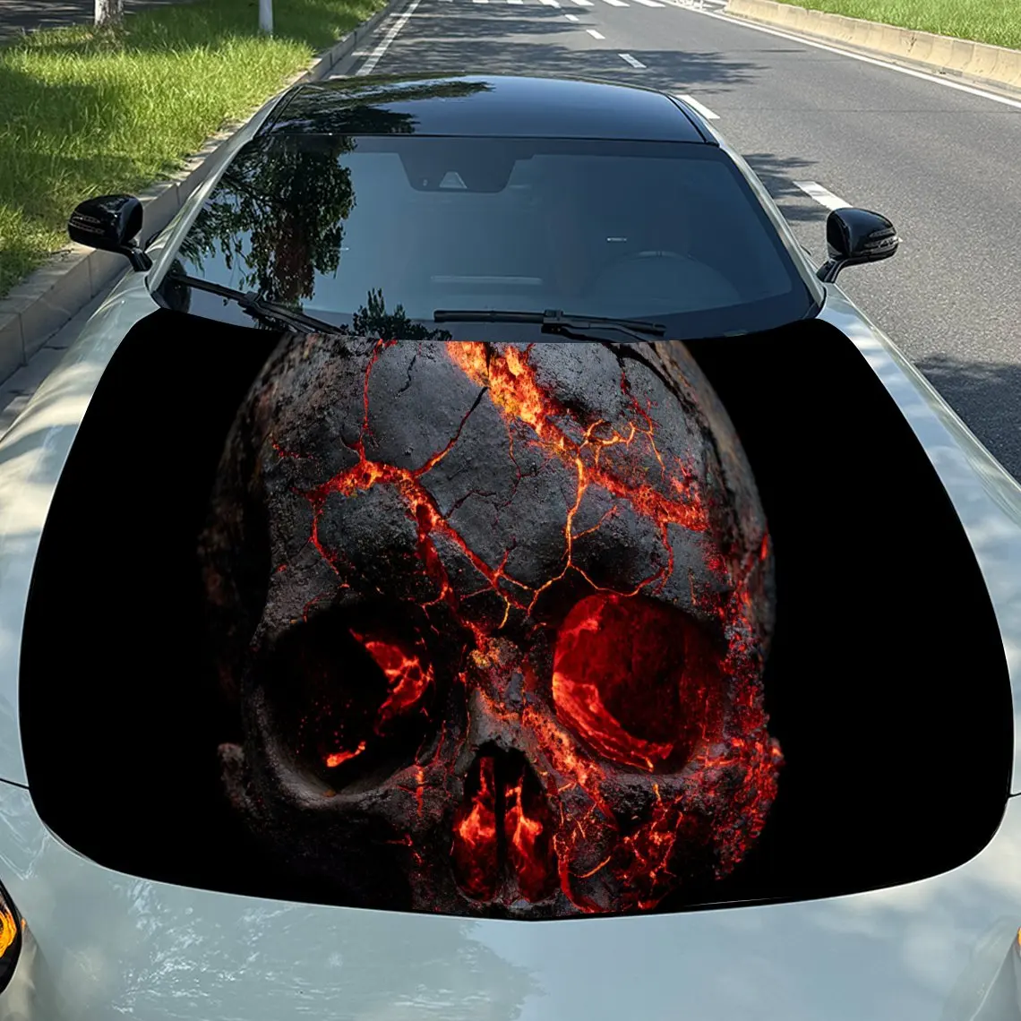 

Lava Skull Art PVC Car Hood Wraps, Self-Adhesive Waterproof Car Bonnet Decal Sticker, Car Decoration Protection Stickers for Tru
