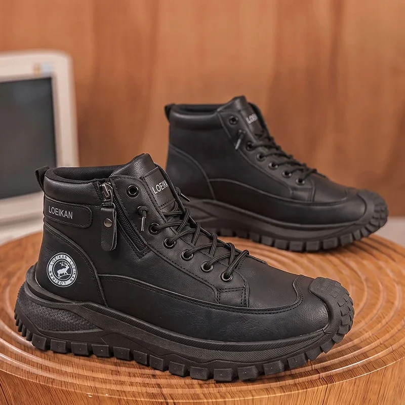Men High Top Casual Boots Side Zipper Leather Shoes Non‑slip Thick Sole Male Work Ankle Boots for Daily Commute