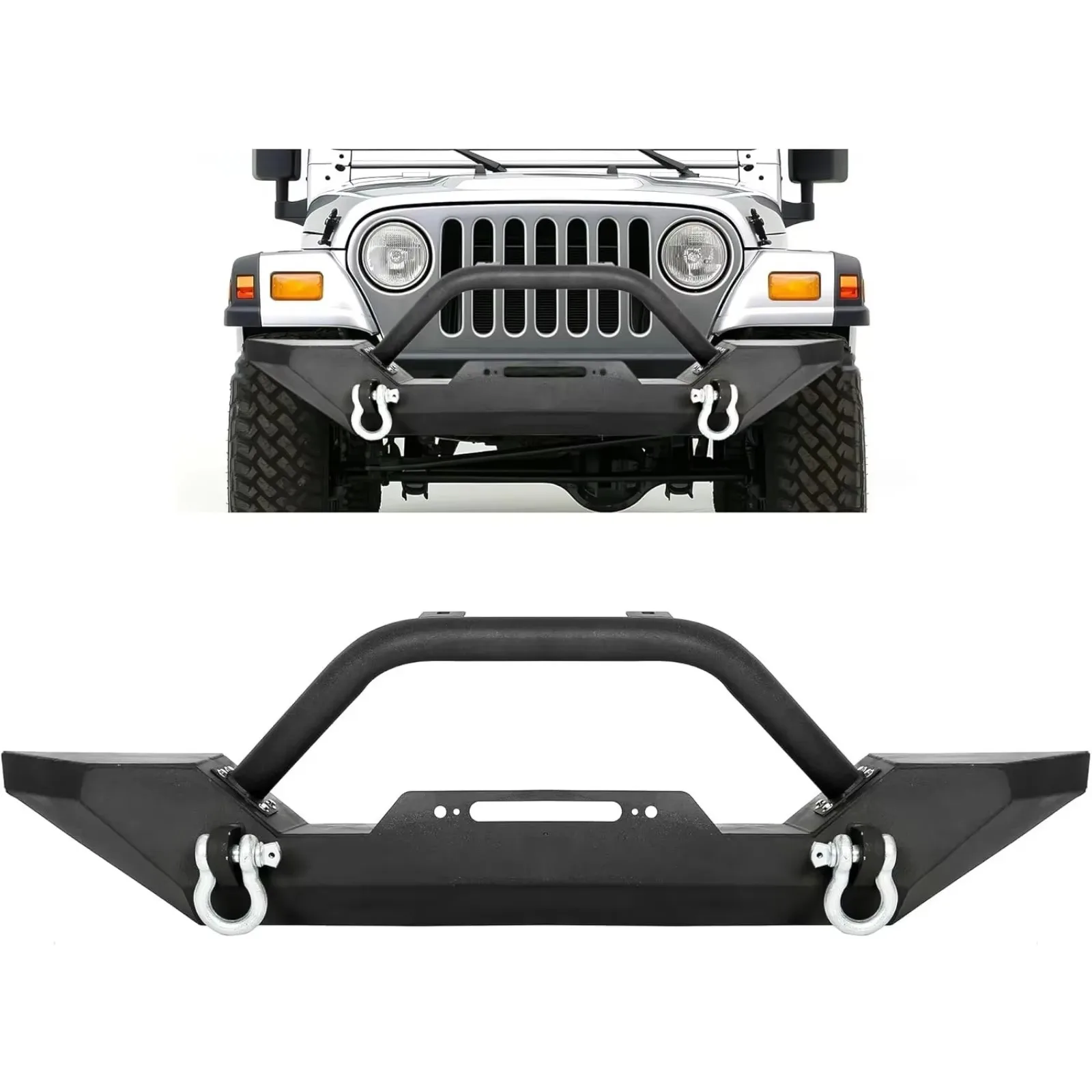 US  Front Bumper Compatible with Jeep Wrangler with Winch Plate D-Ring Black Rock Crawler Heavy Duty