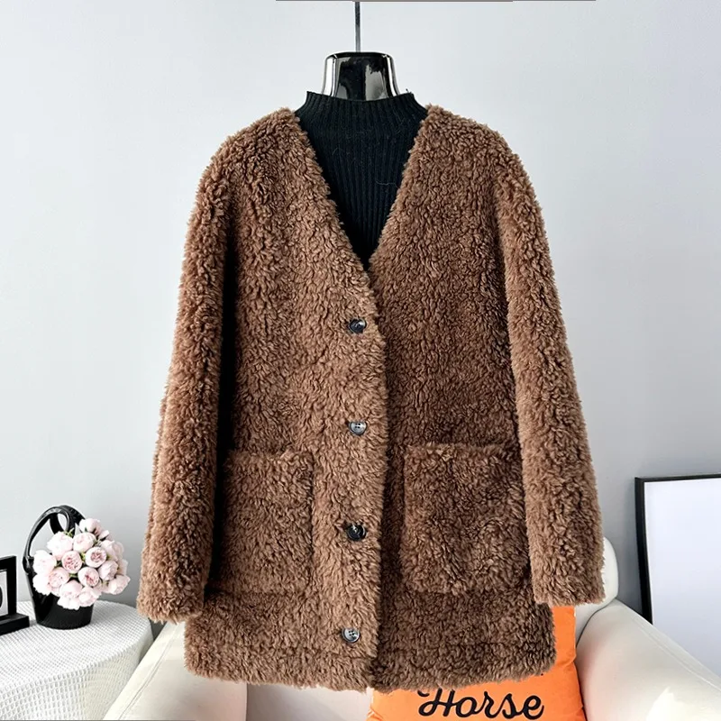 2024 Lamb\'s Wool Fur Women\'s Medium-length Jacket Female Sheep Shearling Coat V-neck Silhouette Cardigan Parka JT413