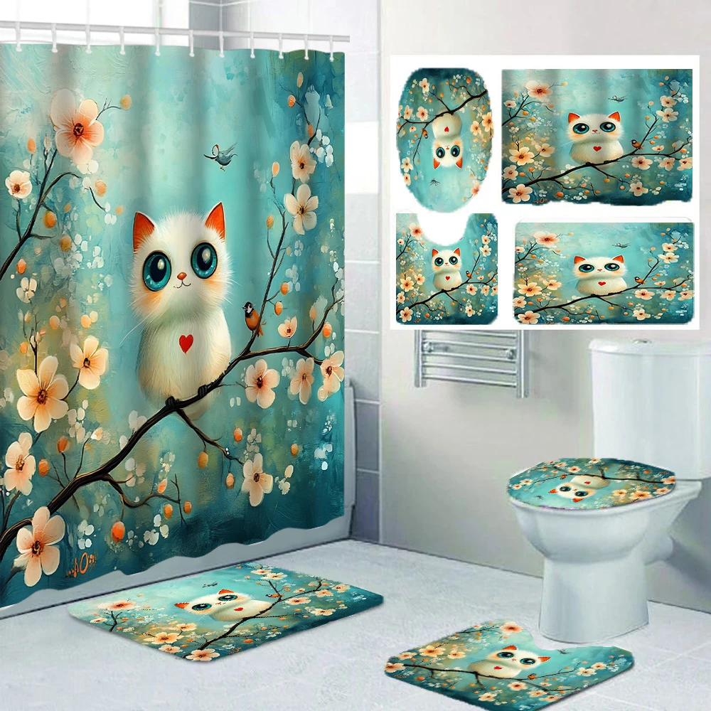 

1/4 занавески для душа с геометрической совой, украшение на сиденье унитаза, занавеска для душа с ковром и крышкой для унитаза, 70,8x70,8 дюйма