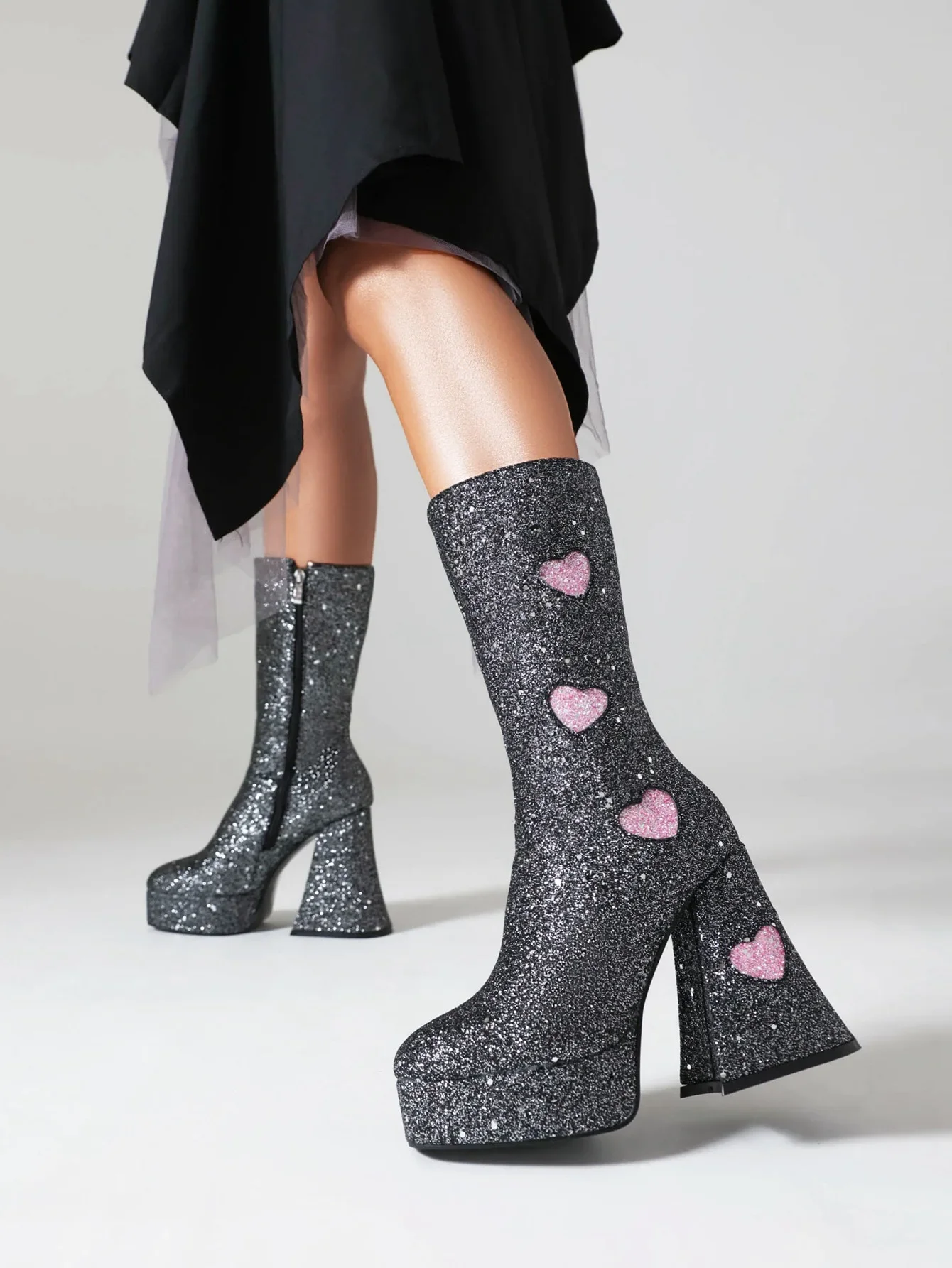 

Sequined Greet Love Color Block Mid-Calf Boots Platform Botas Femininas Round Toe High Thick Heel Side Zipper Women Botines