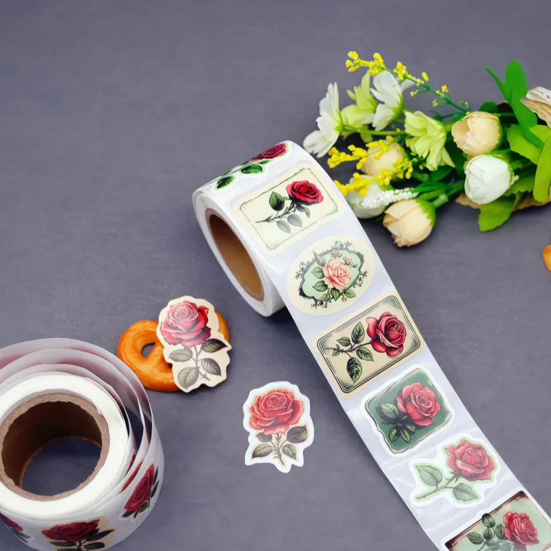 250 Pieces/Rroll Retro Red Rose Flower Pattern Decoration Roll Stickers Laptop Envelope Sealing Stickers
