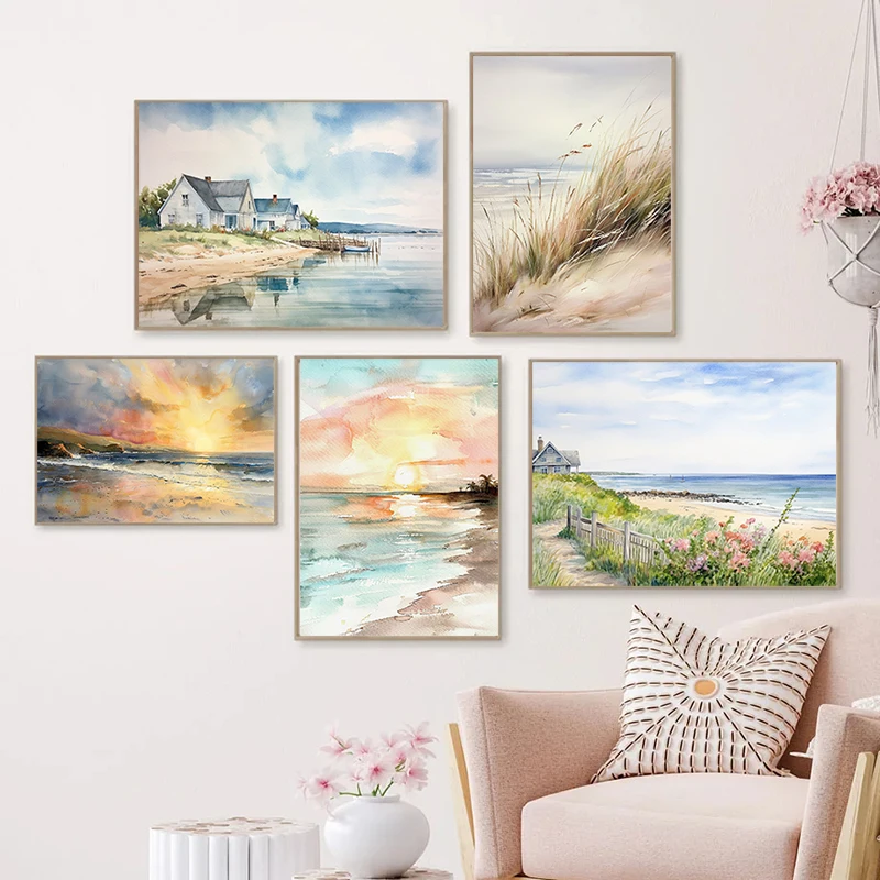 Sleeping Bear Dunes Two Sisters Tropical Beach Watercolor Poster Canvas Painting Trendy Wall Art Picture Beach House Home Decor