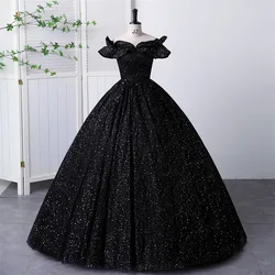 Off the shoulder Black Sweetheart Ball Gown Quinceanera Dresses Sparkly Tulle Formal Birthday Party Gowns