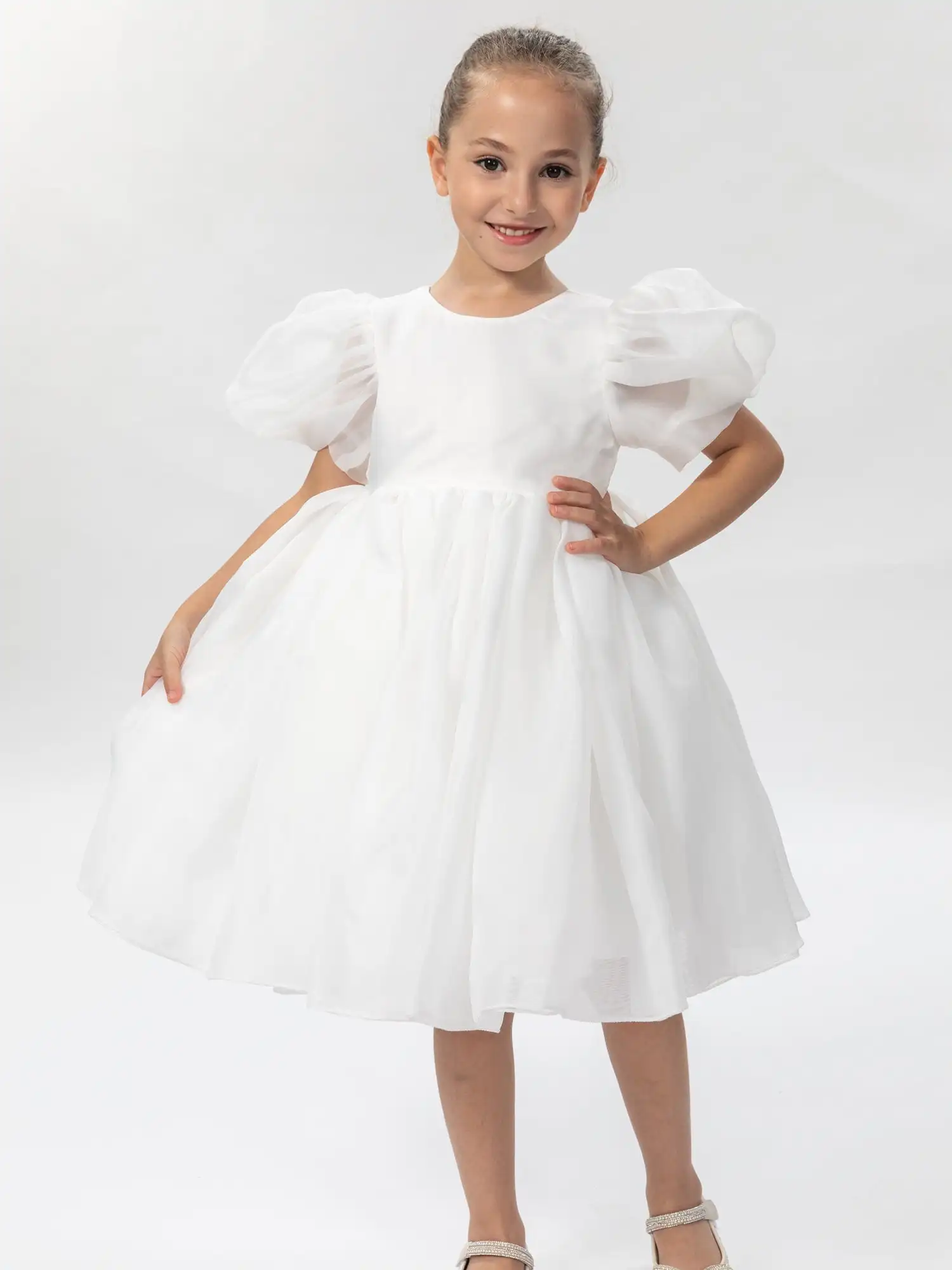 طفل نفخة الأكمام الأورجانزا تول توتو Twirly بيبي دول مضيئة الكرة ثوب الأميرة زهرة فتاة اللباس 【أبيض】