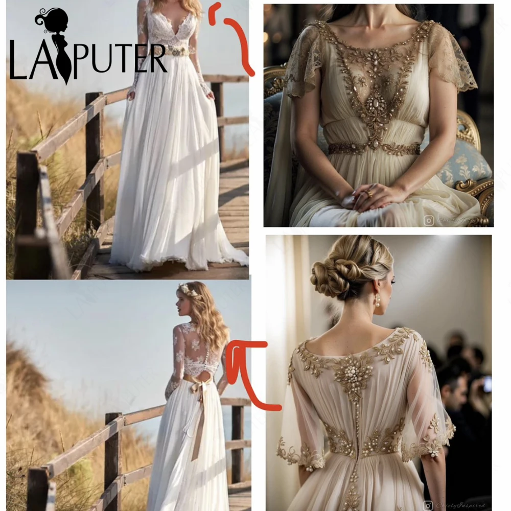 الشمبانيا طويل الشيفون فساتين السهرة الفاخرة مطرز الدانتيل مغرفة الرقبة ألف خط فستان حفلات Ruched صد رفرفة الأكمام فستان رسمي