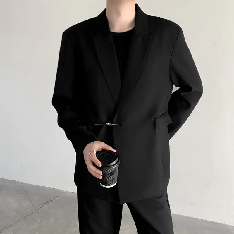 

Повседневный свободный мужской пиджак/жакет для весны и осени, модный брендовый, с металлическими элементами, с эффектом объема на плечах, длинный рукав, синий.